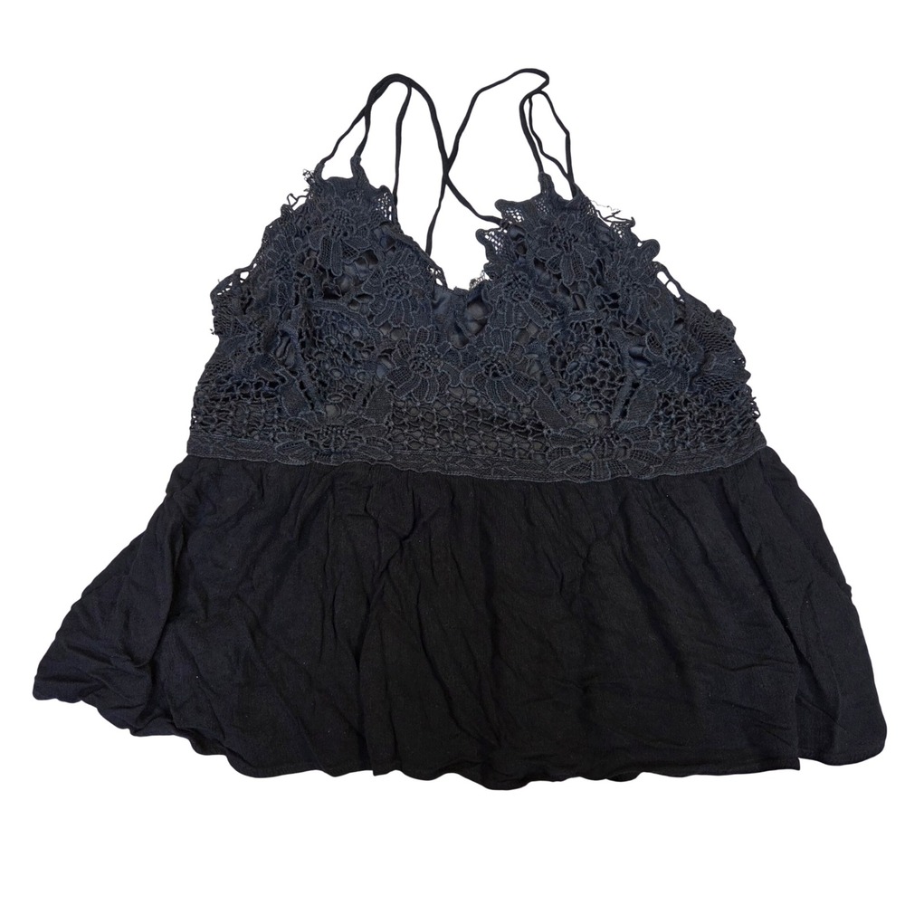 Maurices Womens XL Black Lace Babydoll Cami Top Smocked Strappy Boho Sleeveless